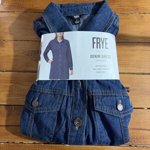 Frye Denim Dress Wmn Large Blue Cinch Waist Pockets Button Front Cottagecore NEW